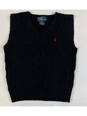 Polo Ralph Lauren Toddler 4T Black Cable Knit V-Neck Sweater Vest Retro Cotton